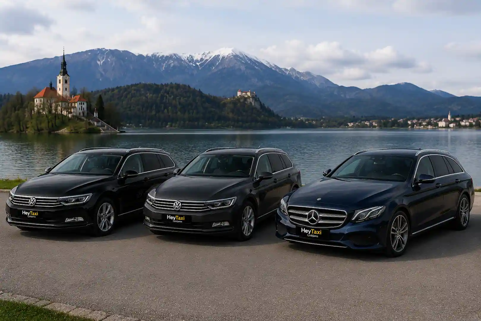 Hey Taxi Ljubljana private fleet — Mercedes E-Class and Volkswagen Passat at Lake Bled