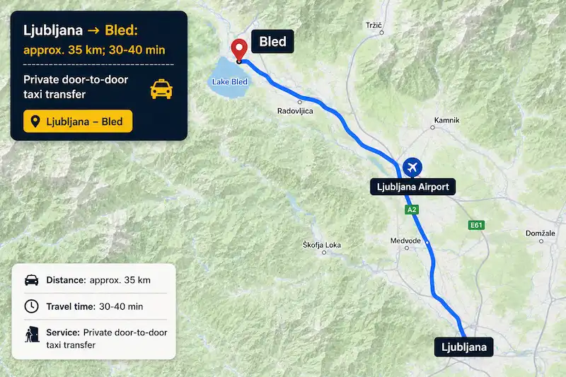 Route map from Ljubljana Airport to Lake Bled