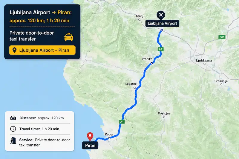 Route map from Ljubljana Airport to Piran, Portorož and Koper
