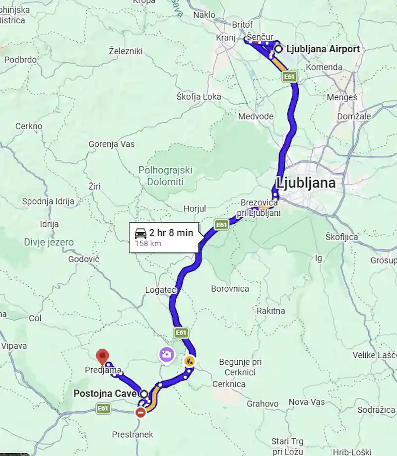 Route map from Ljubljana Airport to Postojna Cave and Predjama Castle