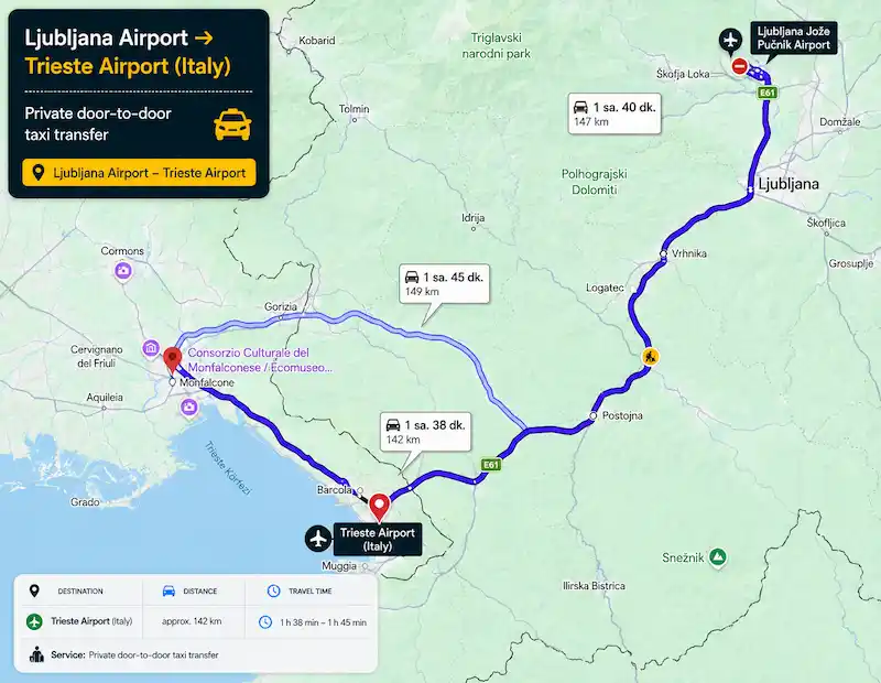 Route map from Ljubljana Airport to Trieste