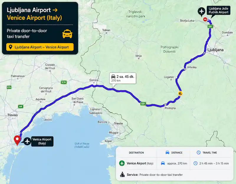 Route map from Ljubljana Airport to Venice
