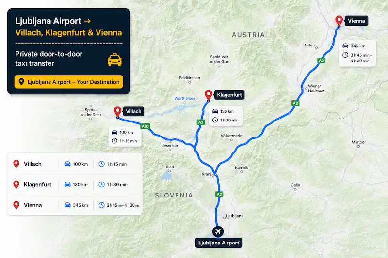 Route map from Ljubljana Airport to Villach, Klagenfurt and Vienna