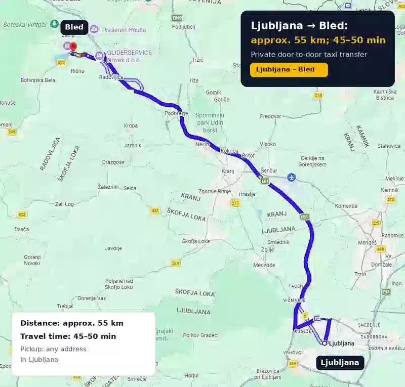Route map from Ljubljana city to Lake Bled