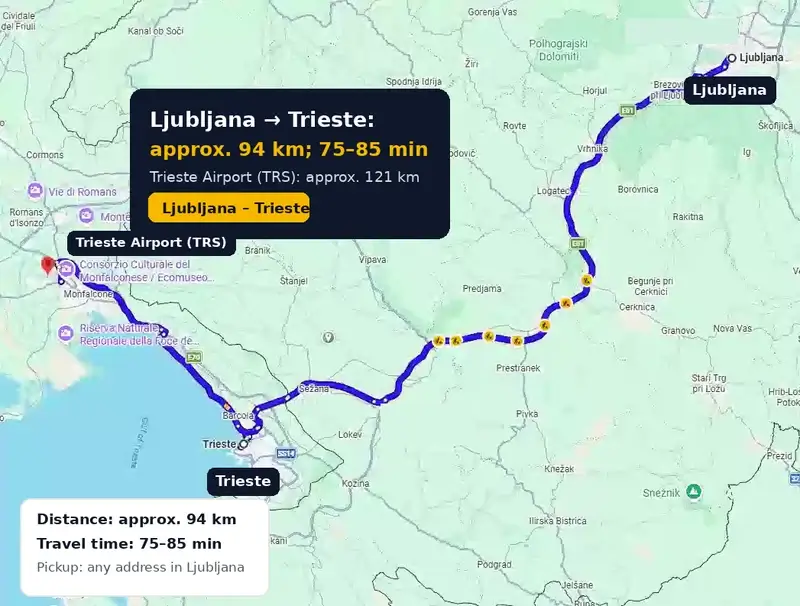 Route map from Ljubljana to Trieste and Trieste Airport