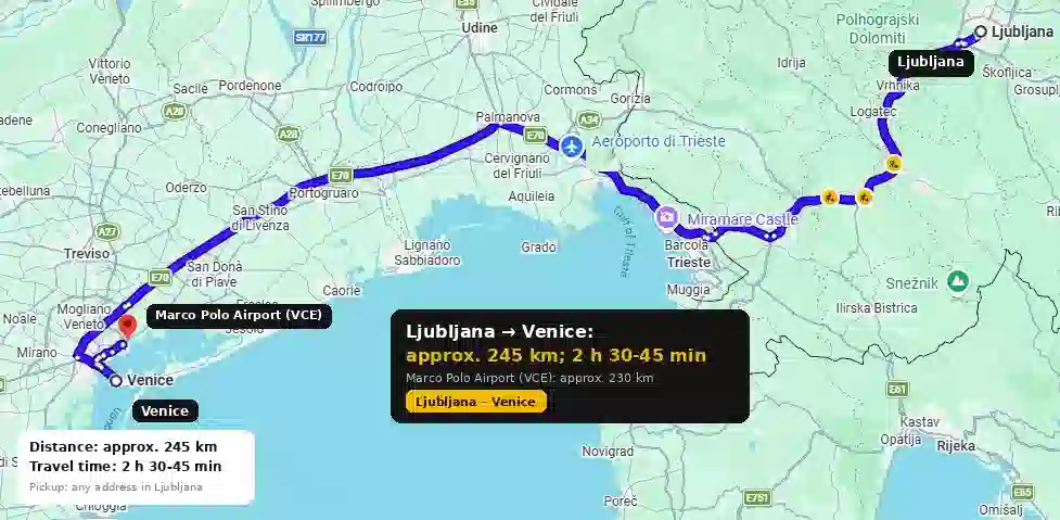 Route map from Ljubljana to Venice and Marco Polo Airport