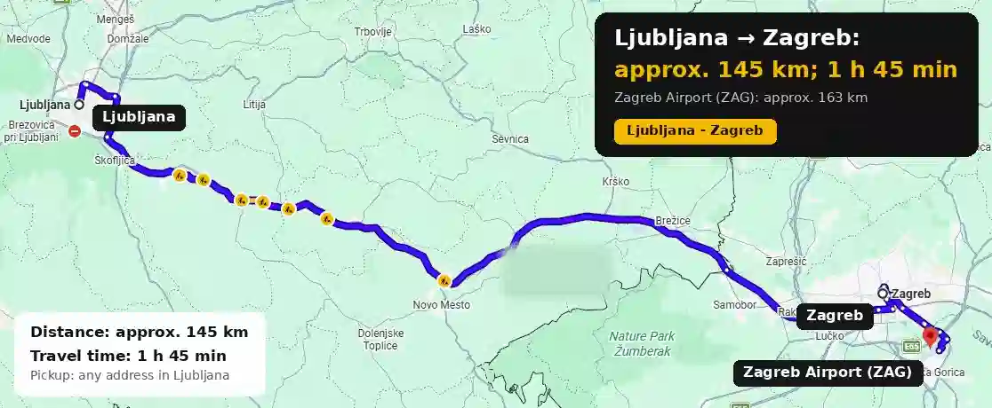 Route map from Ljubljana to Zagreb and Zagreb Airport
